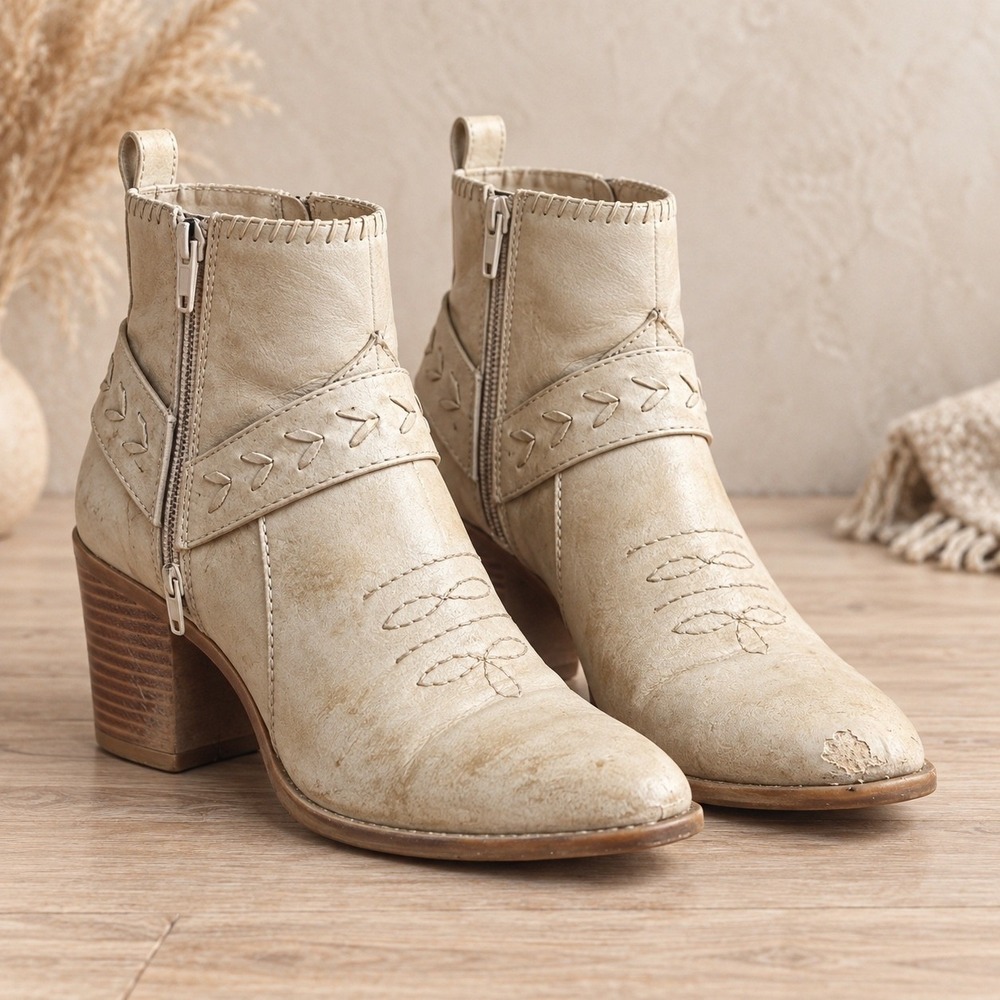 Frye and Co Womens Western Ankle Boots Cream Distressed Pointed Toe Block Heel